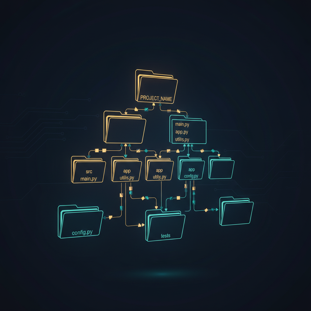 A glowing blueprint of a Python project folder structure with illuminated file trees and flowing data lines on a dark background